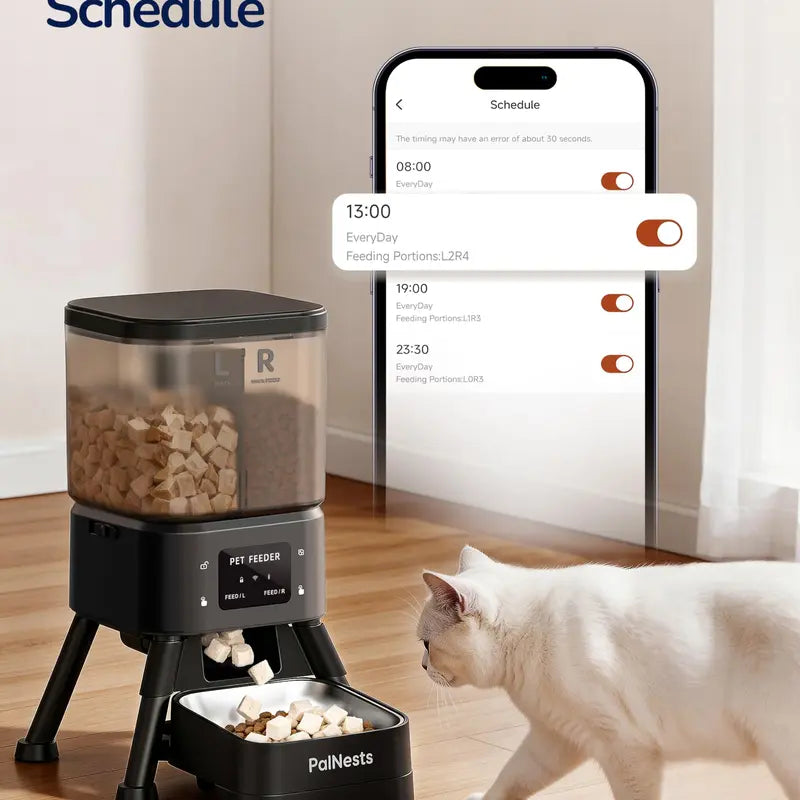 Palnests Smart 2-Hopper Automatic Feeder - 4L Dry Food Dispenser with Stainless Steel Bowls, 2.4Ghz & 5Ghz Dual-Band Wifi Sync, Airtight Design, App Control, Timed Feeding, Dual Power Backup, Low Food Alerts for Cats & Small/Medium Dogs