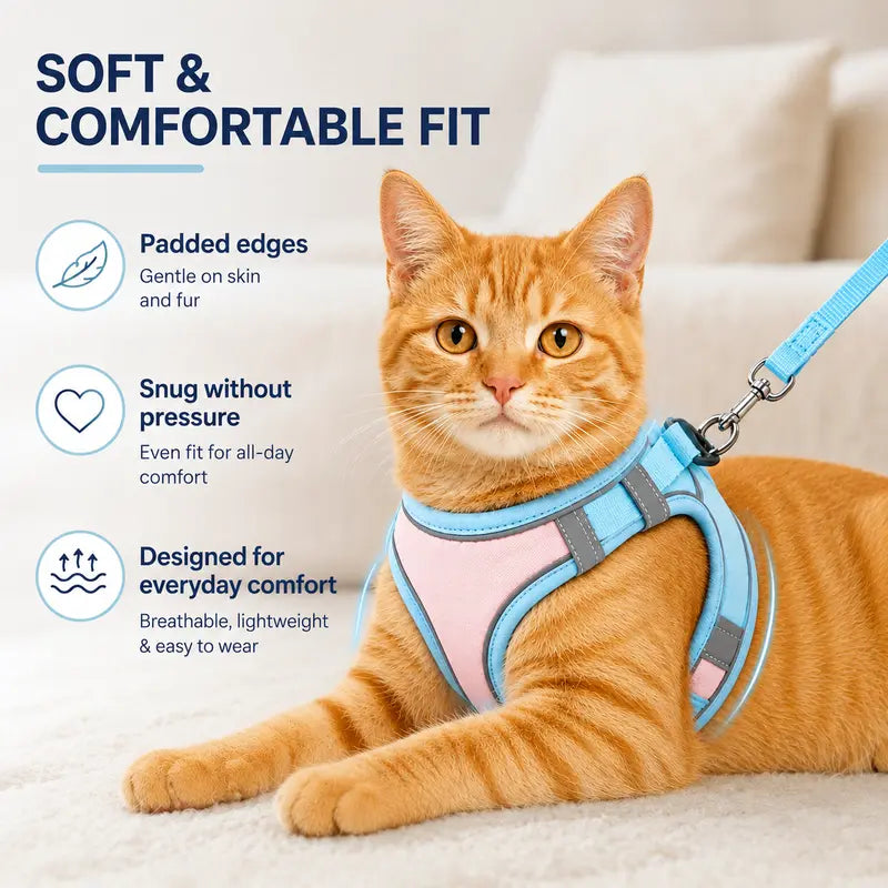 Escape Proof Cat Harness and Leash Set - Adjustable, Soft Mesh Fabric, Lightweight, Sturdy Lock, Stress-Free for Small/Medium Cats