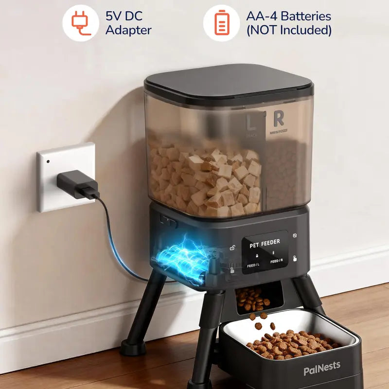 Palnests Smart 2-Hopper Automatic Feeder - 4L Dry Food Dispenser with Stainless Steel Bowls, 2.4Ghz & 5Ghz Dual-Band Wifi Sync, Airtight Design, App Control, Timed Feeding, Dual Power Backup, Low Food Alerts for Cats & Small/Medium Dogs