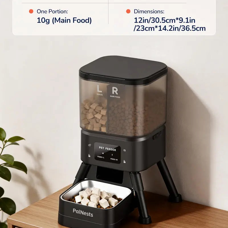 Palnests Smart 2-Hopper Automatic Feeder - 4L Dry Food Dispenser with Stainless Steel Bowls, 2.4Ghz & 5Ghz Dual-Band Wifi Sync, Airtight Design, App Control, Timed Feeding, Dual Power Backup, Low Food Alerts for Cats & Small/Medium Dogs
