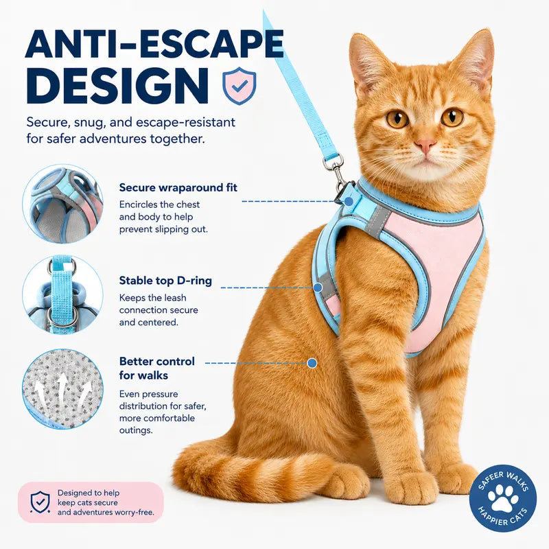 Escape Proof Cat Harness and Leash Set - Adjustable, Soft Mesh Fabric, Lightweight, Sturdy Lock, Stress-Free for Small/Medium Cats