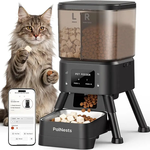 Palnests Smart 2-Hopper Automatic Feeder - 4L Dry Food Dispenser with Stainless Steel Bowls, 2.4Ghz & 5Ghz Dual-Band Wifi Sync, Airtight Design, App Control, Timed Feeding, Dual Power Backup, Low Food Alerts for Cats & Small/Medium Dogs