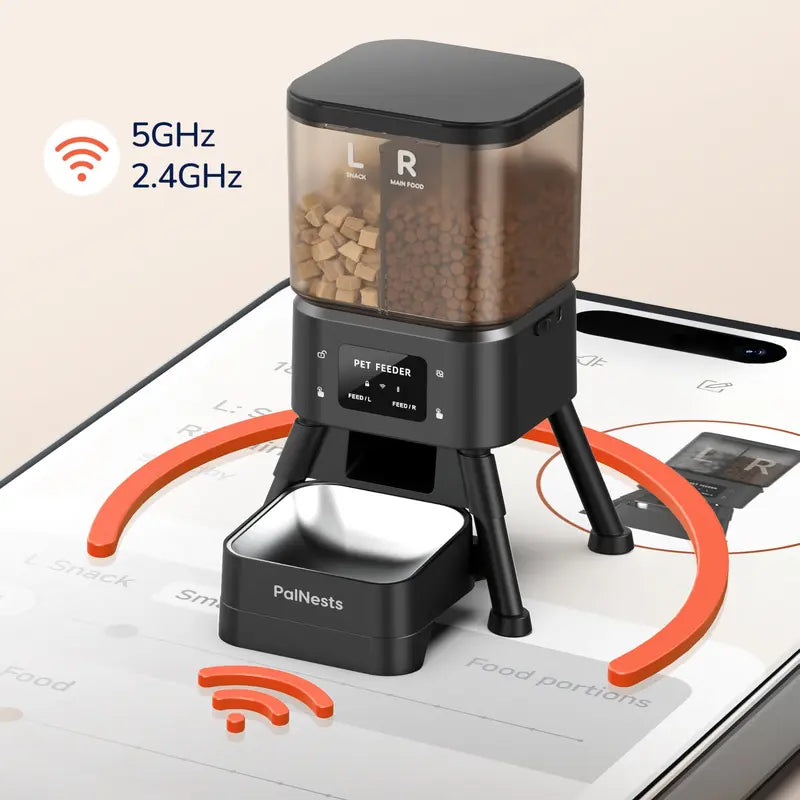 Palnests Smart 2-Hopper Automatic Feeder - 4L Dry Food Dispenser with Stainless Steel Bowls, 2.4Ghz & 5Ghz Dual-Band Wifi Sync, Airtight Design, App Control, Timed Feeding, Dual Power Backup, Low Food Alerts for Cats & Small/Medium Dogs