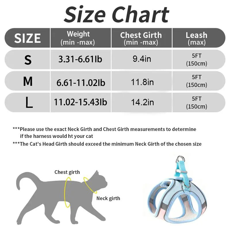 Escape Proof Cat Harness and Leash Set - Adjustable, Soft Mesh Fabric, Lightweight, Sturdy Lock, Stress-Free for Small/Medium Cats