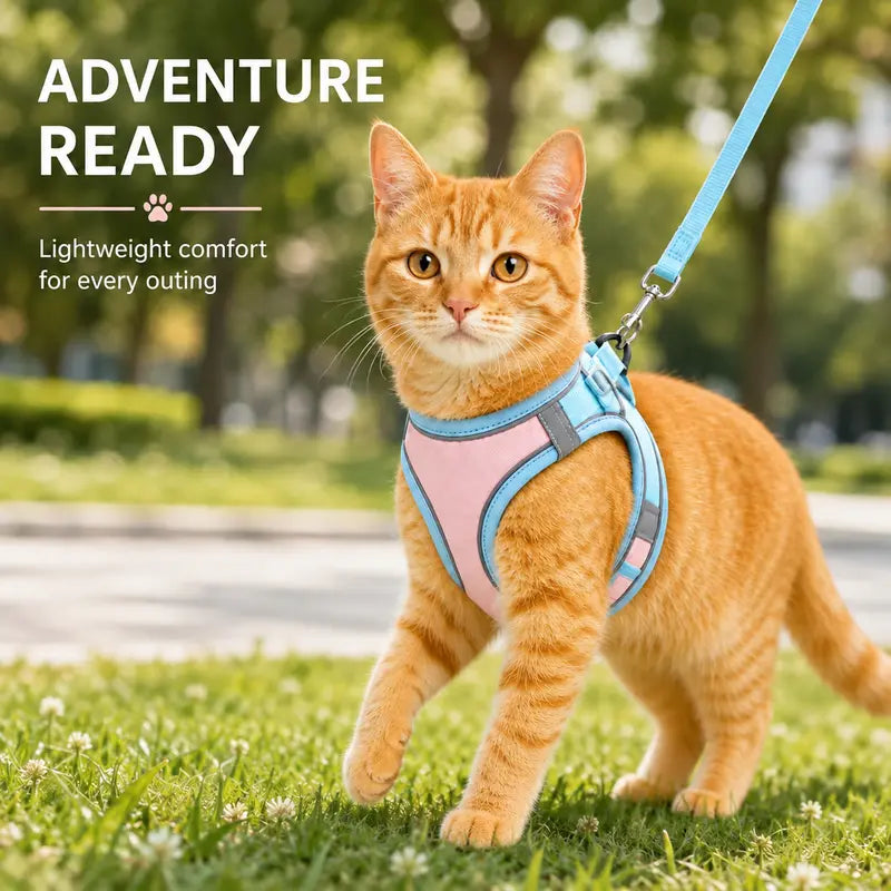 Escape Proof Cat Harness and Leash Set - Adjustable, Soft Mesh Fabric, Lightweight, Sturdy Lock, Stress-Free for Small/Medium Cats